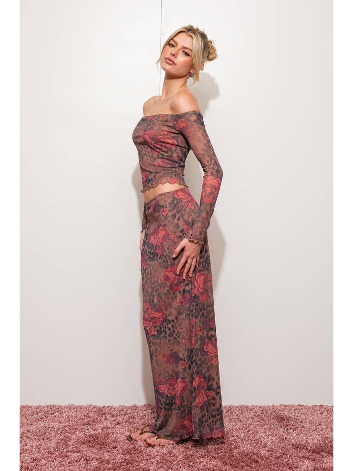 BROWN MULTI FLORAL LEOPARD MESH MAXI SKIRT for wholesale on Faire
