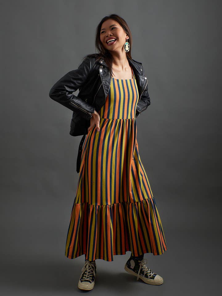 Opal Dress Navy Chartreuse Stripe for wholesale by Mata Traders