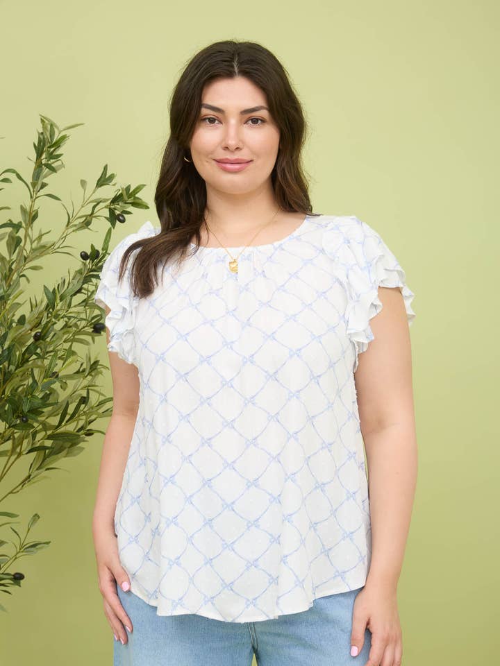 Blu Pepper - Wholesale Blouse - Women's - BOW CLIP DOT PATTERN RUFFLE SLEEVE BLOUSE
