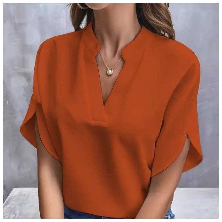 UZ Wholesale Store - Wholesale Blouse - Women's - Casual Solid Color V-Neck Short Sleeve T-Shirt2