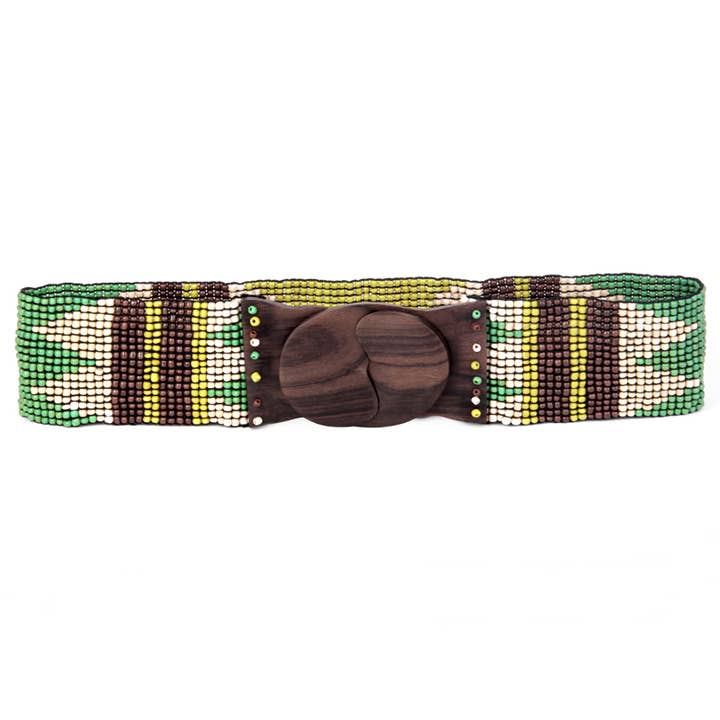 Glass bead belt wood scroll in southwest design Hand loomed for wholesale by Erik & Mike