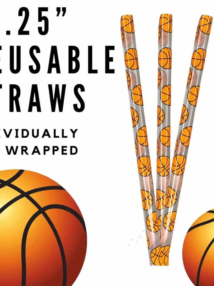 Basketball 10.25" Printed Reusable Plastic Straws WRAPPED for wholesale by Sip Sleeves ~ Insulated Cup Sleeves and Drink Accessories