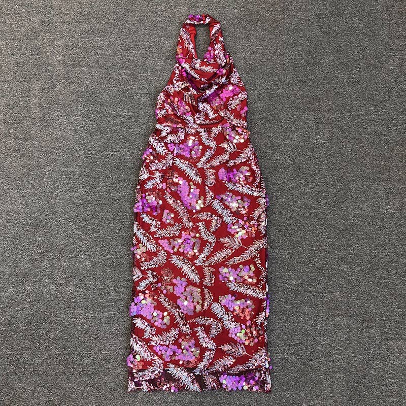 Color as pictures DR546 Vibrant Sequin Floral Embroidered Mesh Halter Dress for wholesale on Faire6