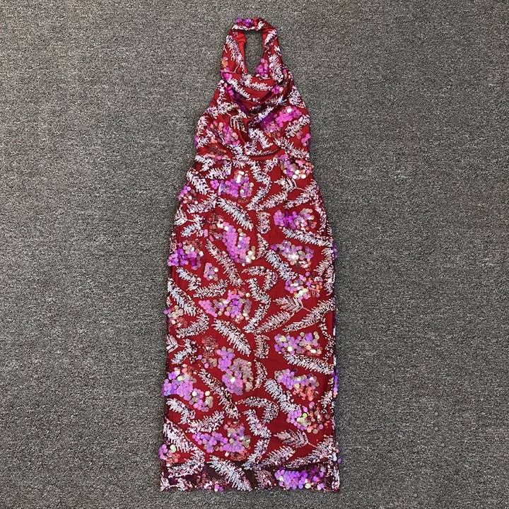 Color as pictures DR546 Vibrant Sequin Floral Embroidered Mesh Halter Dress for wholesale on Faire6