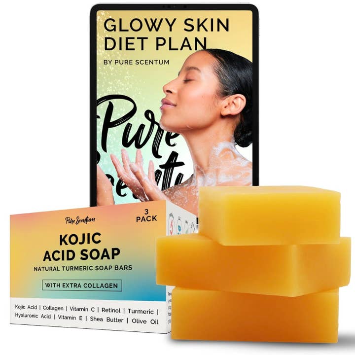 FEVUP CO. - Wholesale Bar Soap - Pure Scentum - Natural Kojic Acid Soap Bars 3 x 3.05oz - Skin Brightening Soap Kojic Acid Dark Spot Remover For Face And Body - Turmeric Kojic Acid Soap With Vitamin C, Retinol, Collagen…