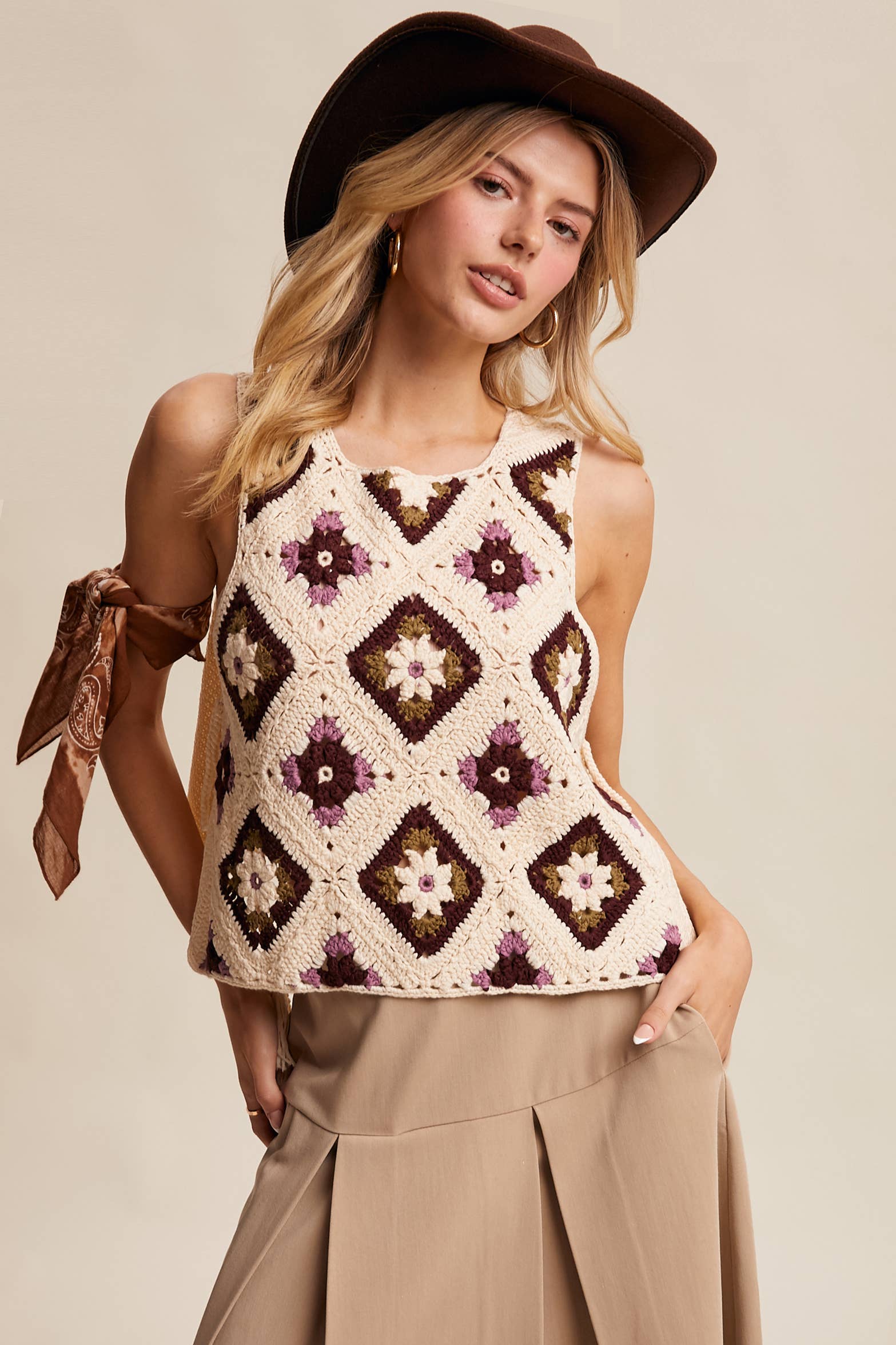 Listicle - Wholesale Sweater Vest - Women's - Crochet Granny Square Tassel Tie Vest LSW100612