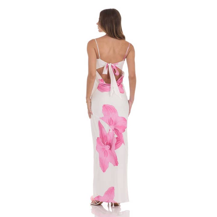 Satin Floral Open Back Maxi Dress in White for wholesale by Lucy In The Sky