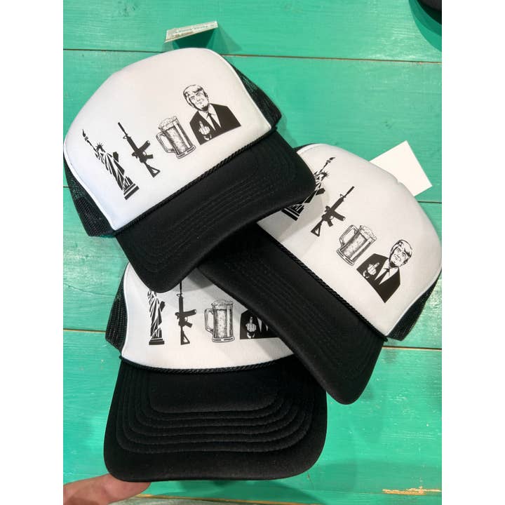 Vibes Hat Company - Vendita all'ingrosso Cappellino da camionista - Unisex - Liberty, Guns, Beer e Trump Trucker | Cappello elettorale | MAGA