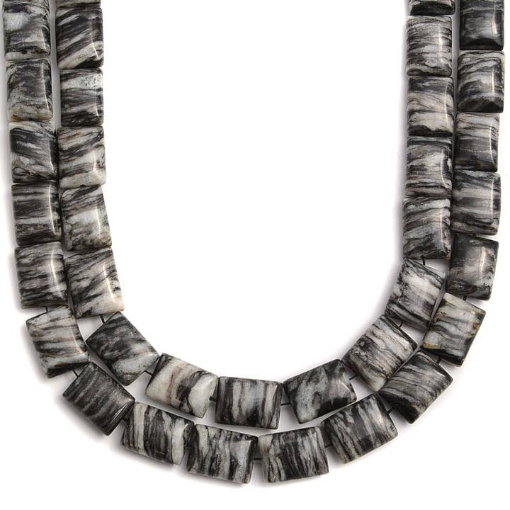 CRCBEADS - Wholesale Beads - Black Network Silk Stone Spider Web Jasper Smooth Flat Rectangle Beads Size 10x14mm 15.5'' Strand1