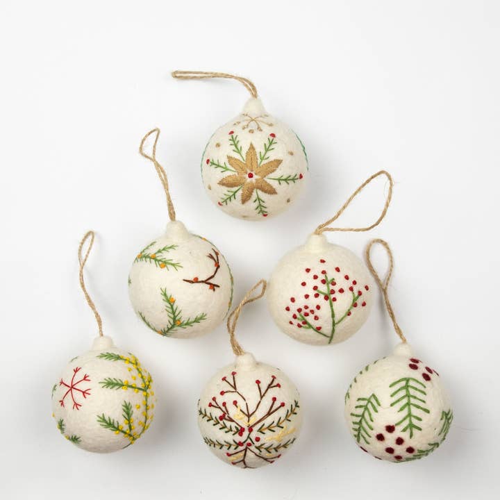 The Winding Road - Wholesale Ornament Set - Ornament - Holiday Felt Ball Hand Embroidered White Assorted