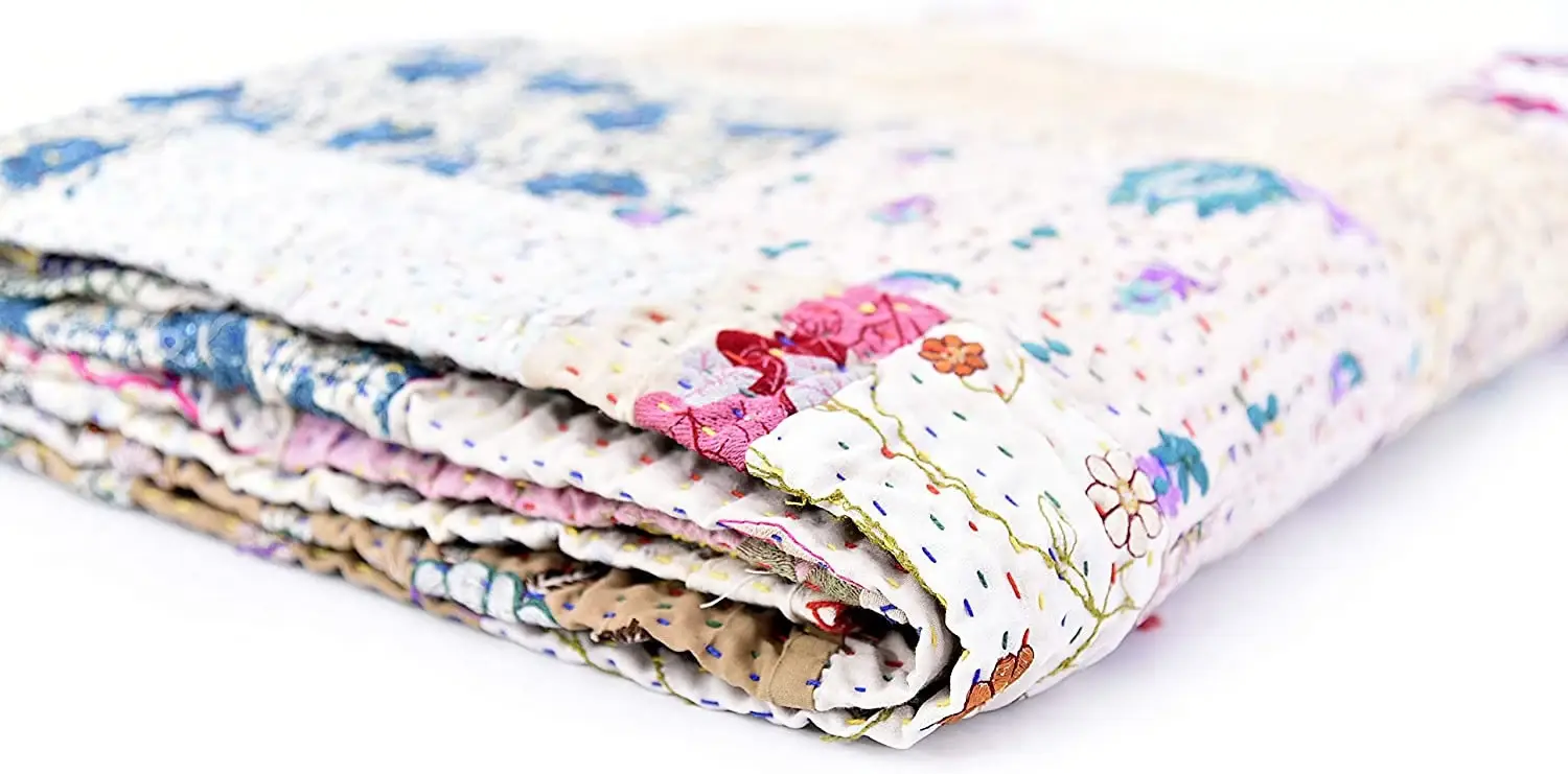 GYPSY STUDIO – Engroshandel Quiltet tæppe – Hvide Patchwork Kantha Tæpper Håndsyede Tæpper Queen2