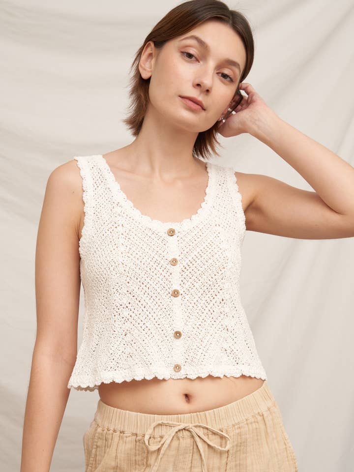 Sleeveless Crochet Top with Button Detail for wholesale by En Crème