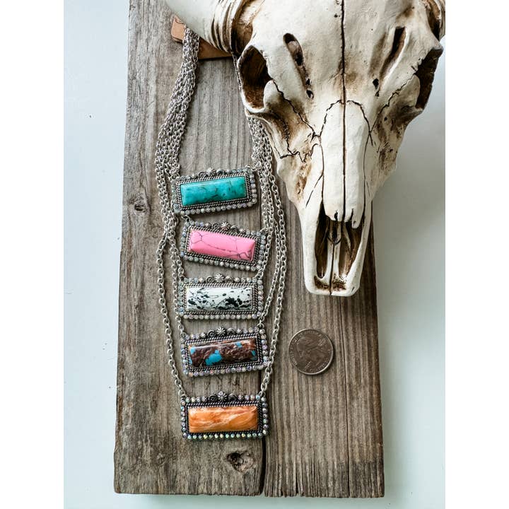 Boho Ranch Shop - Wholesale Pendant/Charm Necklace - Western Semi Stone Bar Necklace - with Rhinestone edge