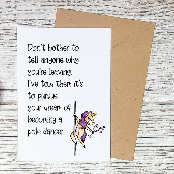 Biglietto divertente con scritta «Unicorn Coworker Leaving» per la vendita all'ingrosso da parte di Sorry Not Sorry Co