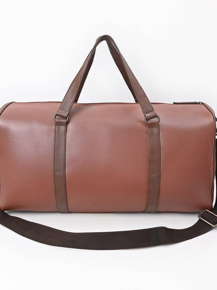 Cognac Leather Barrel Duffle Bag for wholesale by Ganges Grain Inc