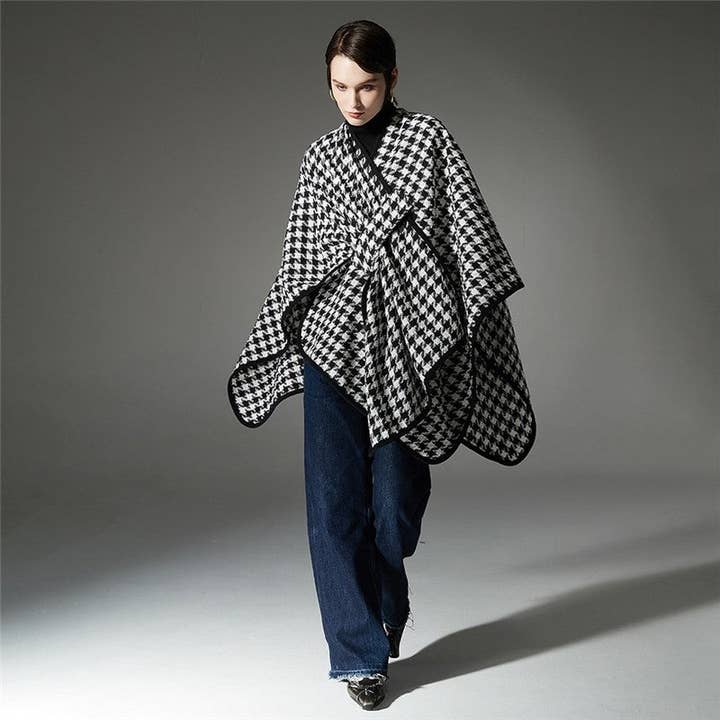 VIT/SVART Trendig spänne guldtråd Houndstooth sjal för wholesale på Faire