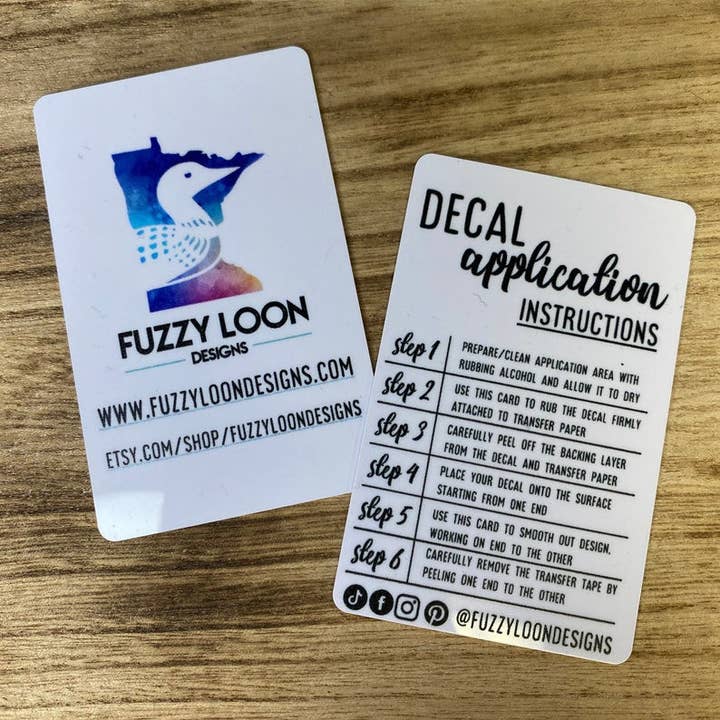 Decal Application Cards for wholesale by Fuzzy Loon Designs