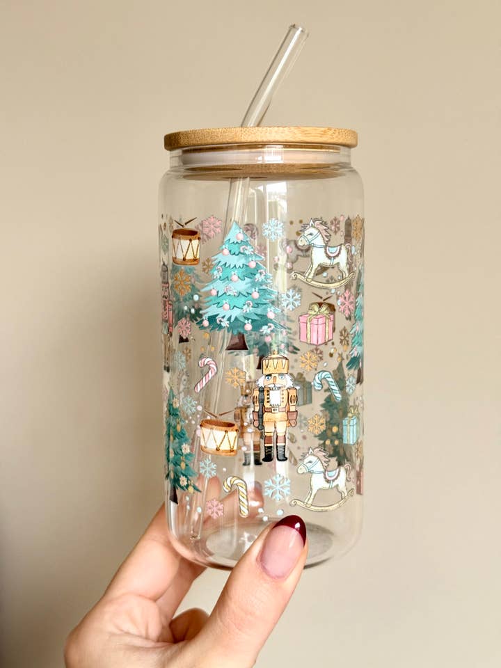 White Christmas Double Sided Glass Tumbler + Lid & Straw for wholesale by the cute cloud