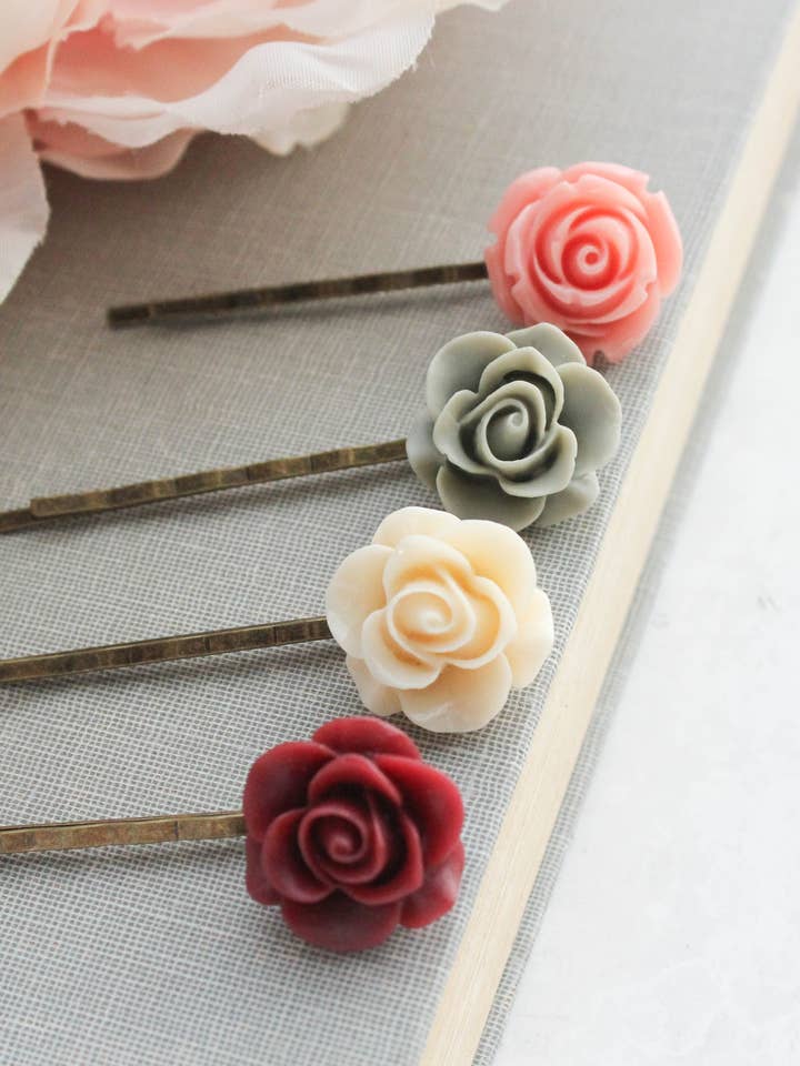 Flower Bobby Pins - Deep Red and Pink for wholesale by A Pocket of Posies