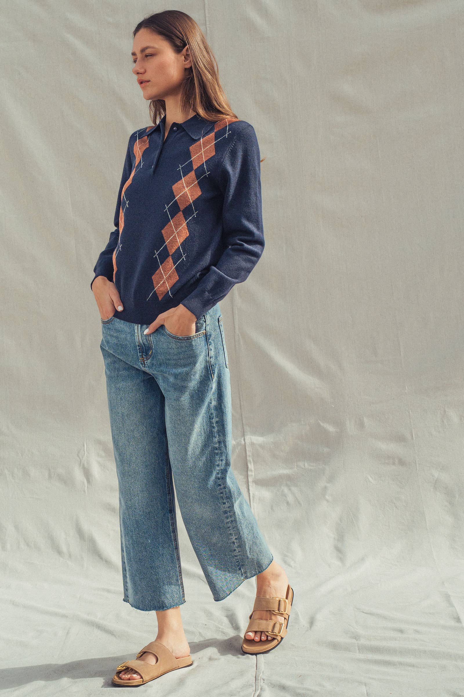 Urban Daizy - Vente Pull en maille – femme - Pull Polo Tricoté à Motif Argyle Classique8