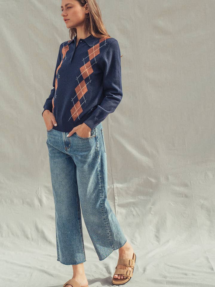 Urban Daizy - Vente Pull en maille – femme - Pull Polo Tricoté à Motif Argyle Classique8