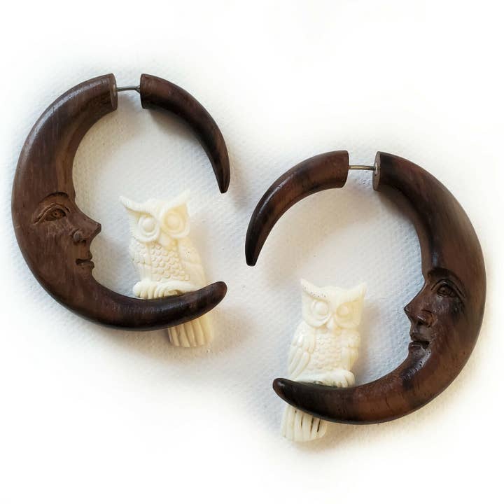 Dalfiya - Wholesale Hoop Earrings - Owl on Moon Split Gauge Hoop Earrings Jewelry Gift Christmas