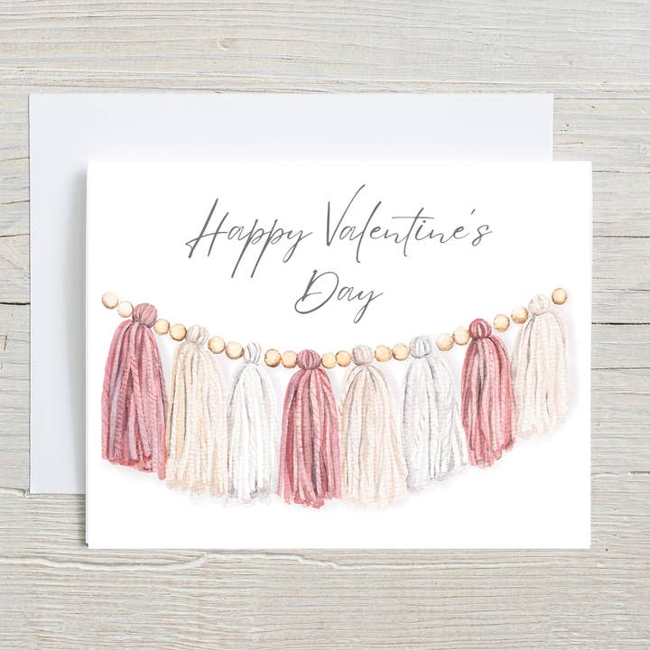 Happy Valentine's Day Yarn Garland, hand painted card for wholesale by Liz Pope Designs