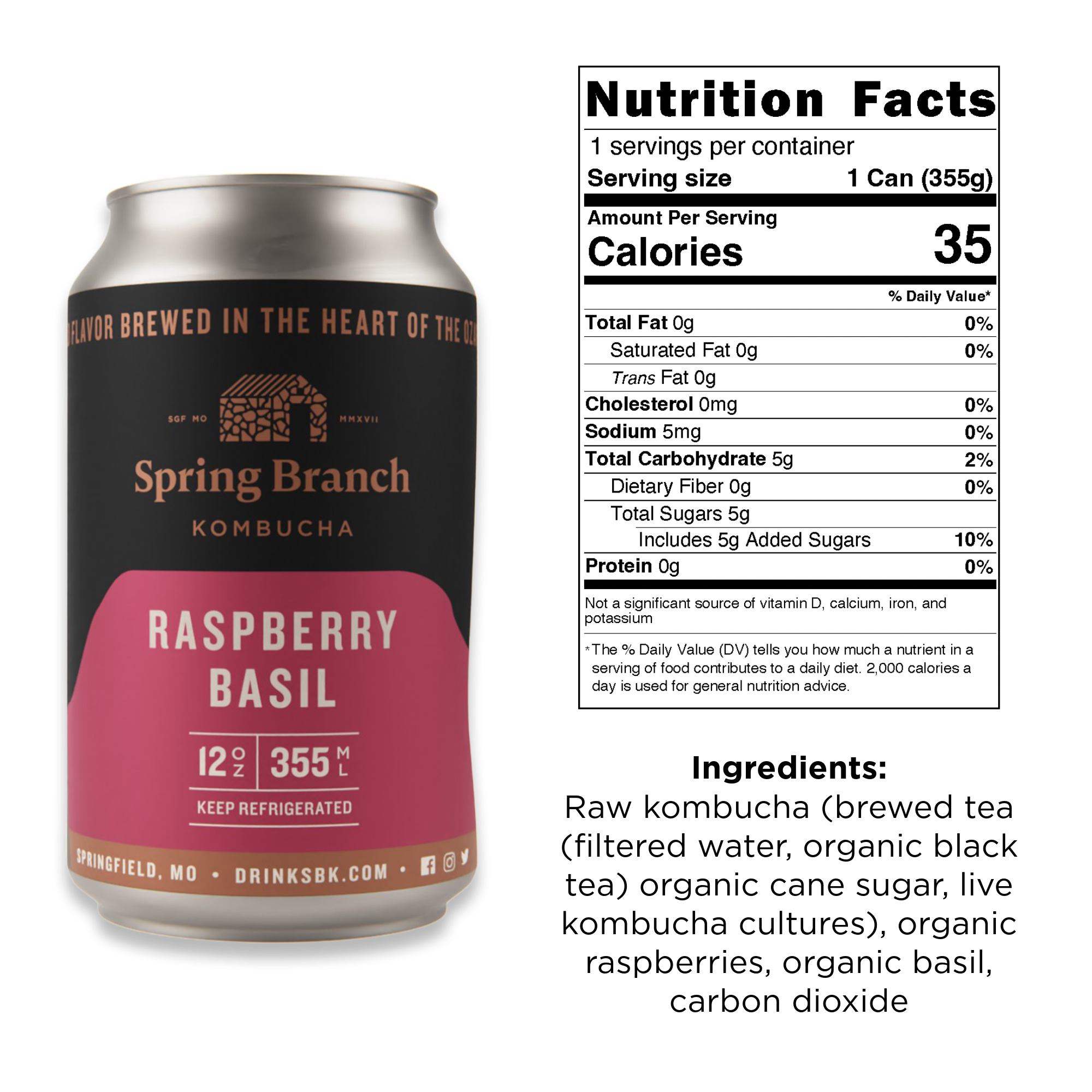 Spring Branch Kombucha - Wholesale Kombucha - Raspberry Basil Kombucha - Low Sugar, Gluten-Free, 12 oz2