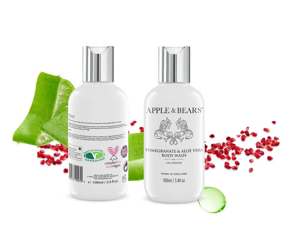 APPLE & BEARS – Großhandel Bade- & Körperpflege-Set – Reiseset mit Granatapfel und Aloe Vera, Wash & Lotion, 100 ml/3.44