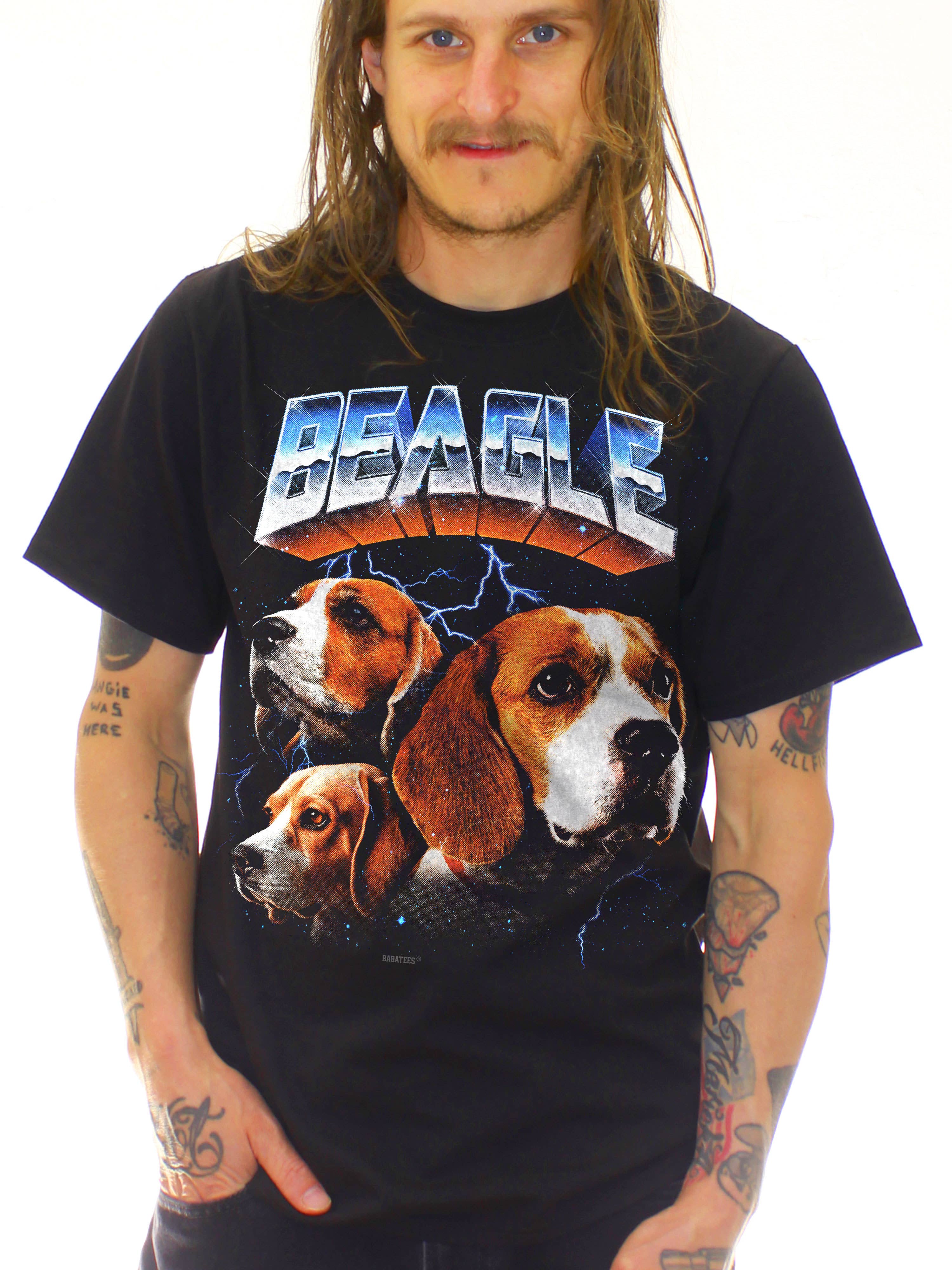 BabaTees - Wholesale Screen Printed T-Shirt - Unisex - Beagle Tshirt for Men & Women 80s Epic Heavy Metal Style