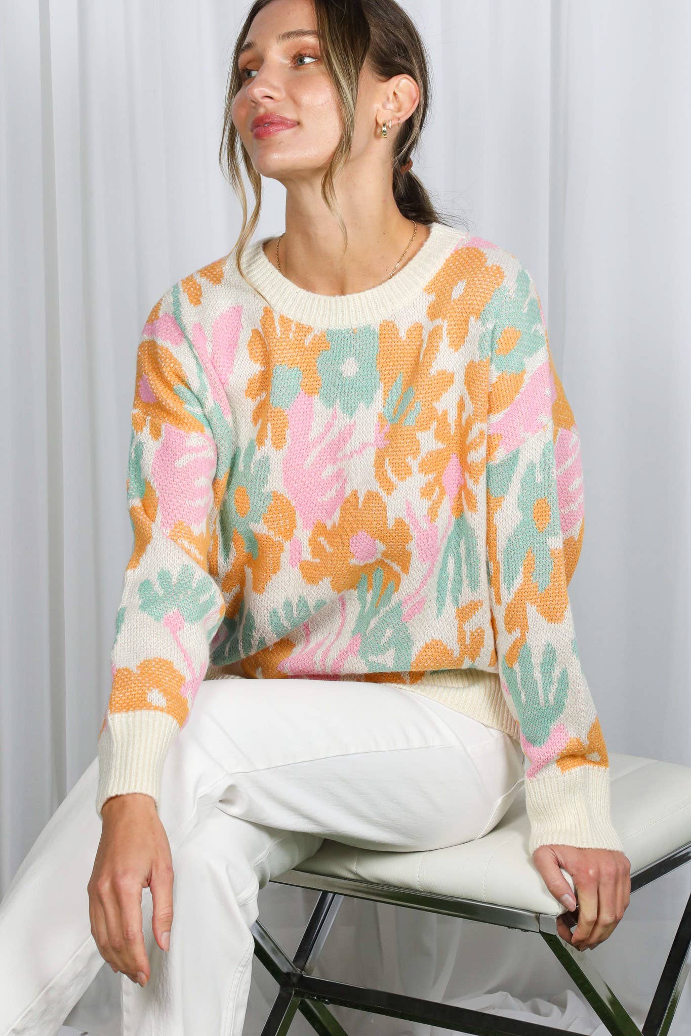 Cream Multi Floral Jacquard Knitted Sweater Top VT82628 for wholesale on Faire12