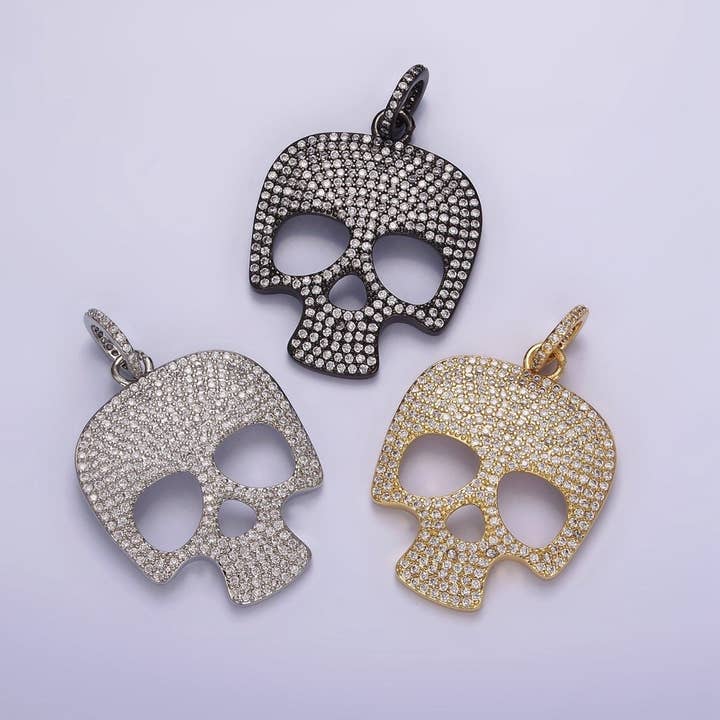 14K Gold Filled 40mm Skeleton Skull Clear Micro Paved CZ Charm in Black, Gold & Silver | AC845 - AC847 for wholesale by Aim Eternal