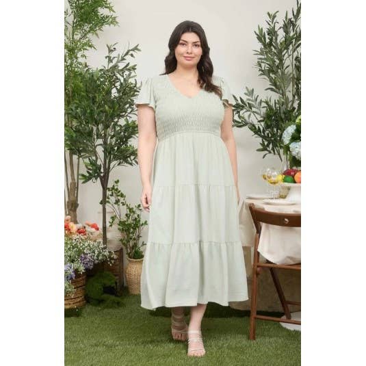 ABITO MIDI TAGLIA FORTE CON MANICHE A FARFALLA E SCOLLO A V SMOCKATO per la vendita all'ingrosso da parte di Curve Market