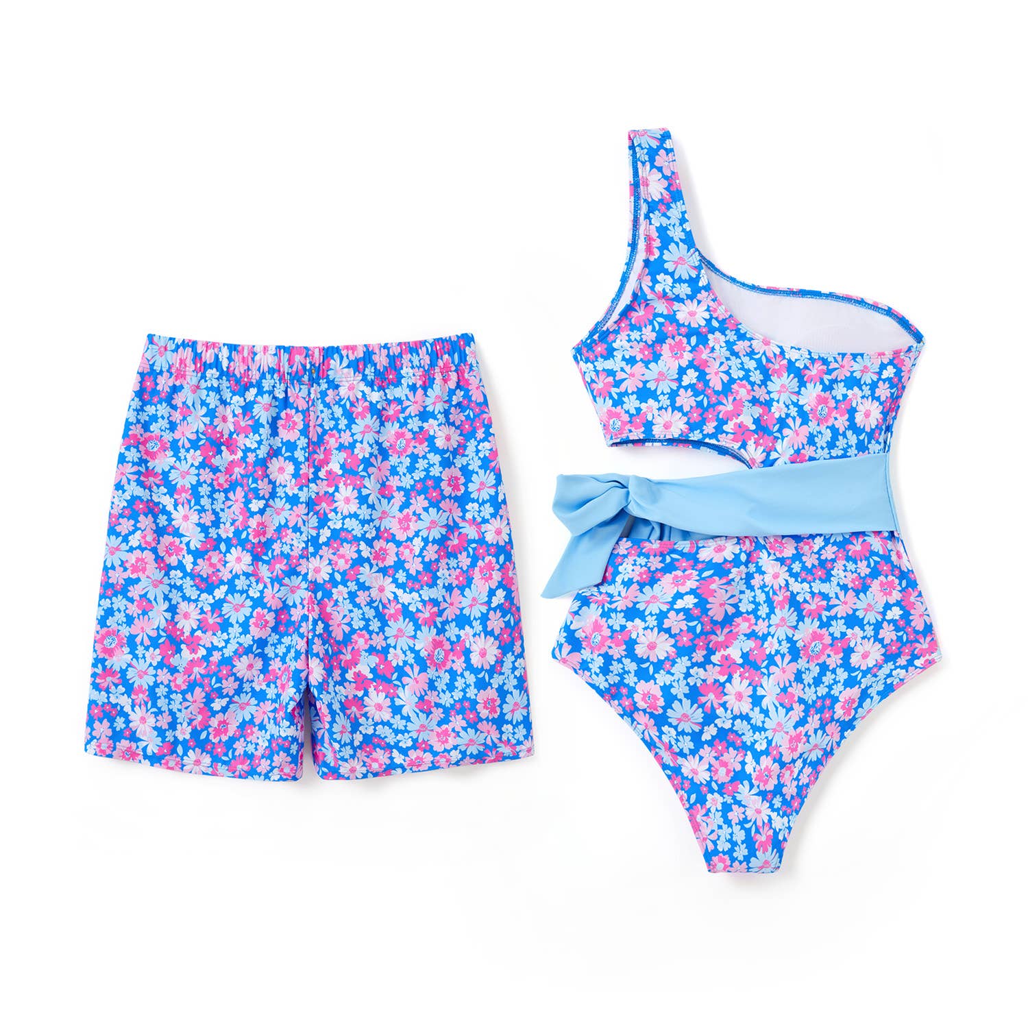 Blue Couple Matching Flora Swim Trunks or One-piece Swimsuit for wholesale on Faire1