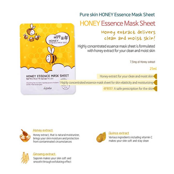 PINEAPPLE Beauty - Wholesale Skincare Face Mask - Esfolio ESMPPUHO Honey Essence Facial Mask Sheet - 10pc3