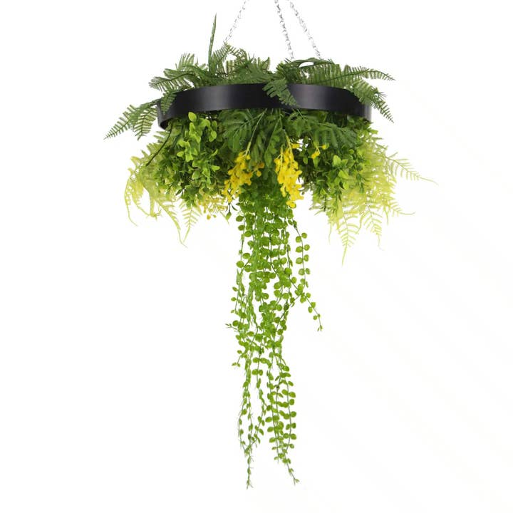Designer Plants - Wholesale Artificial Plant - Black Framed Roof Hanging Disc With Draping Faux Plants 15.5"