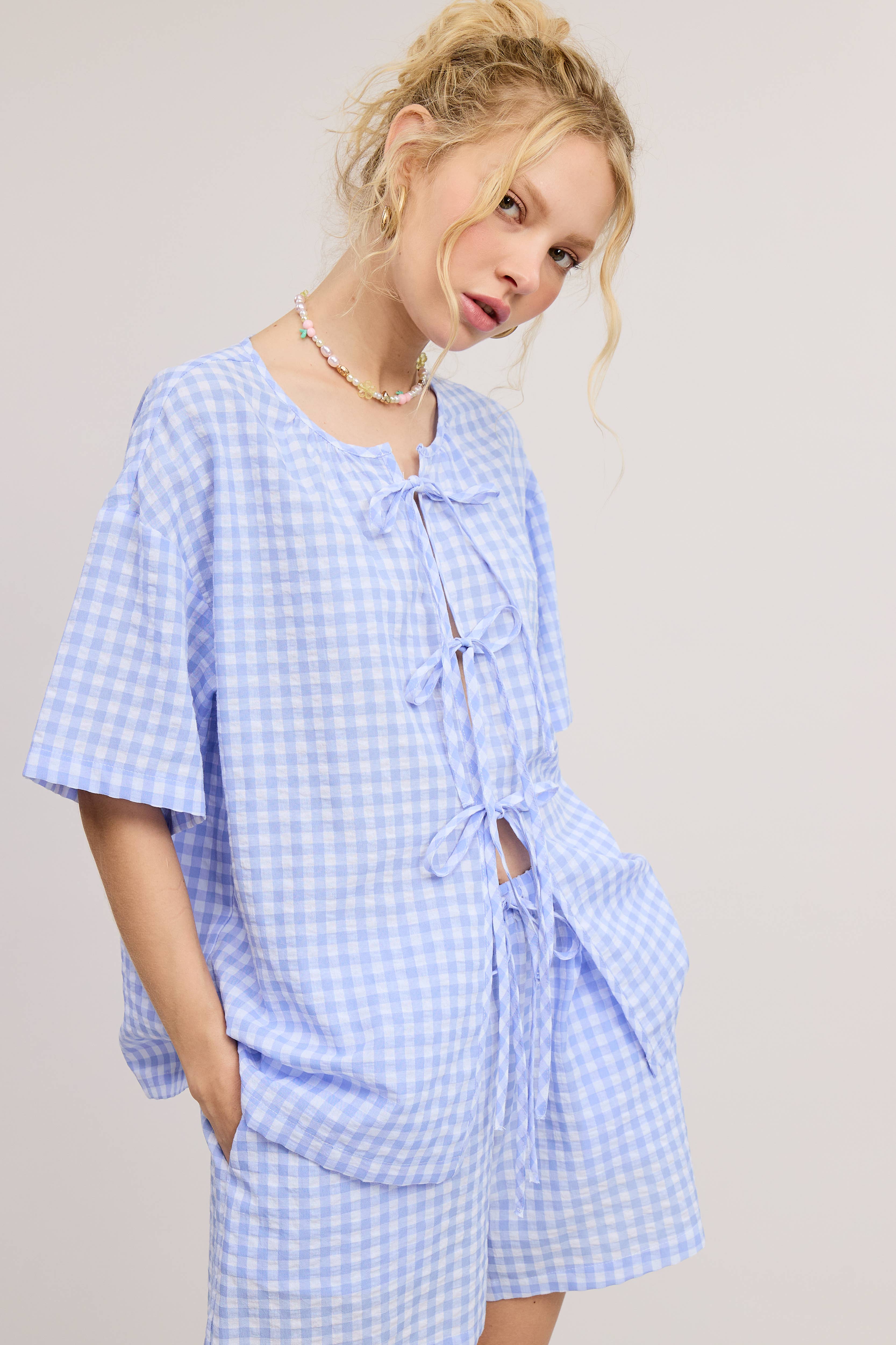 Mimosa - Wholesale Top & Short Set (NOT Loungewear) - Women's - Gingham Open Front Self Tie Top and Shorts Matching Set10