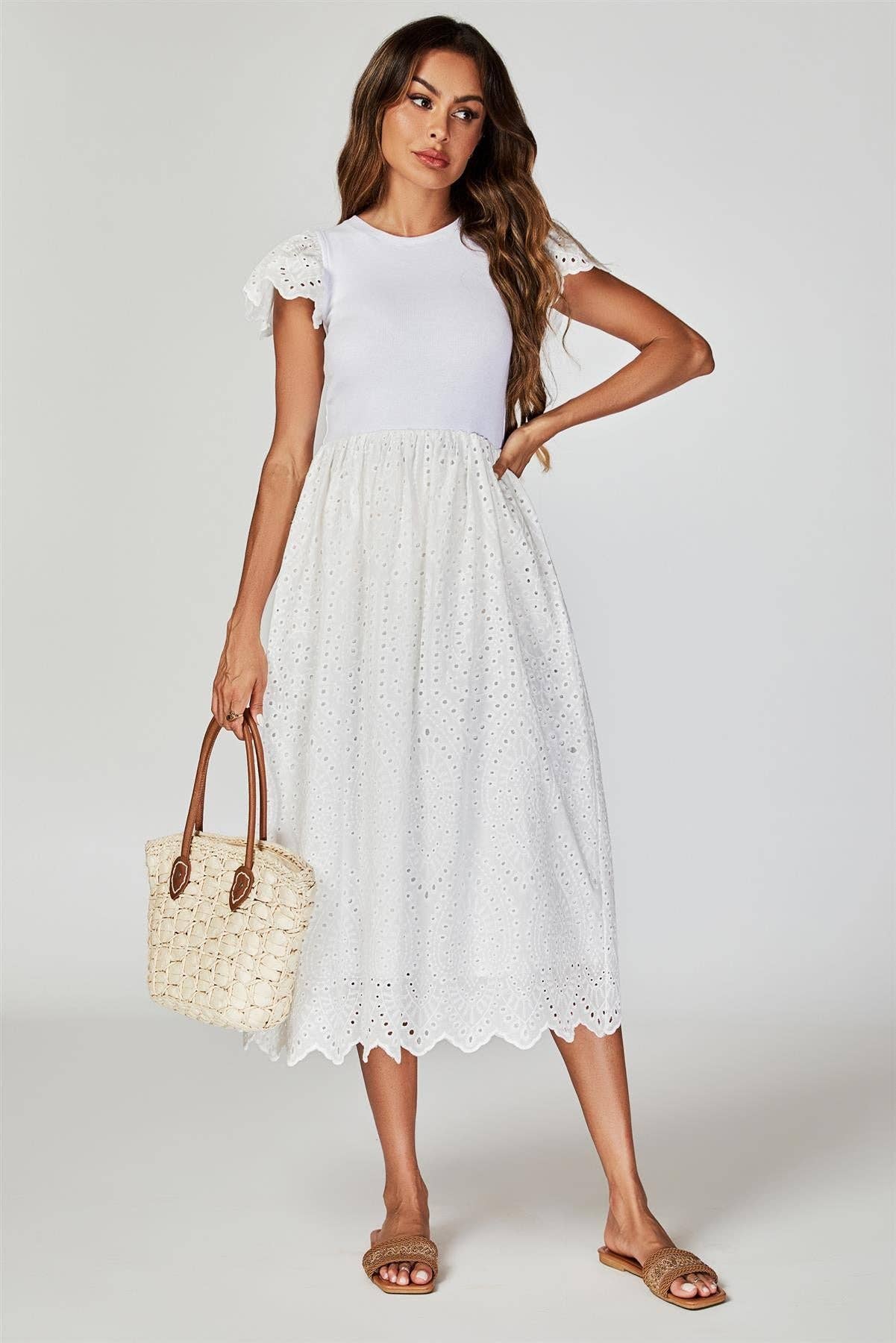 Jersey Broderie Midi Dress In White for wholesale on Faire4