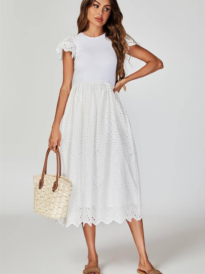 Jersey Broderie Midi Dress In White for wholesale on Faire4