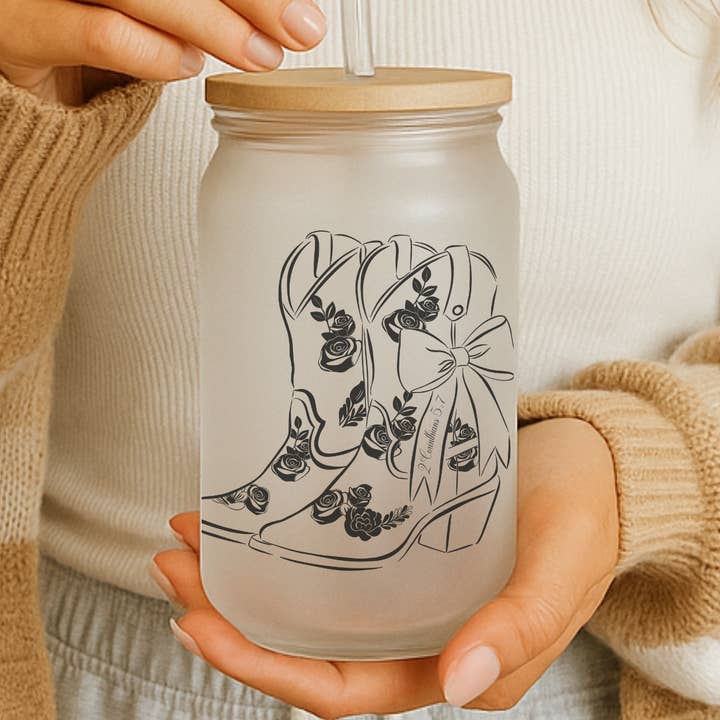 Bible Verse Floral Cowgirl Boots Glass Cup with Bamboo Lid for wholesale by KBlessCo