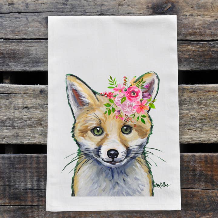 Hippie Hound Studios - Wholesale Tea Towel - Spring Flower Fox Tea Towel, Woodland Animal Decor