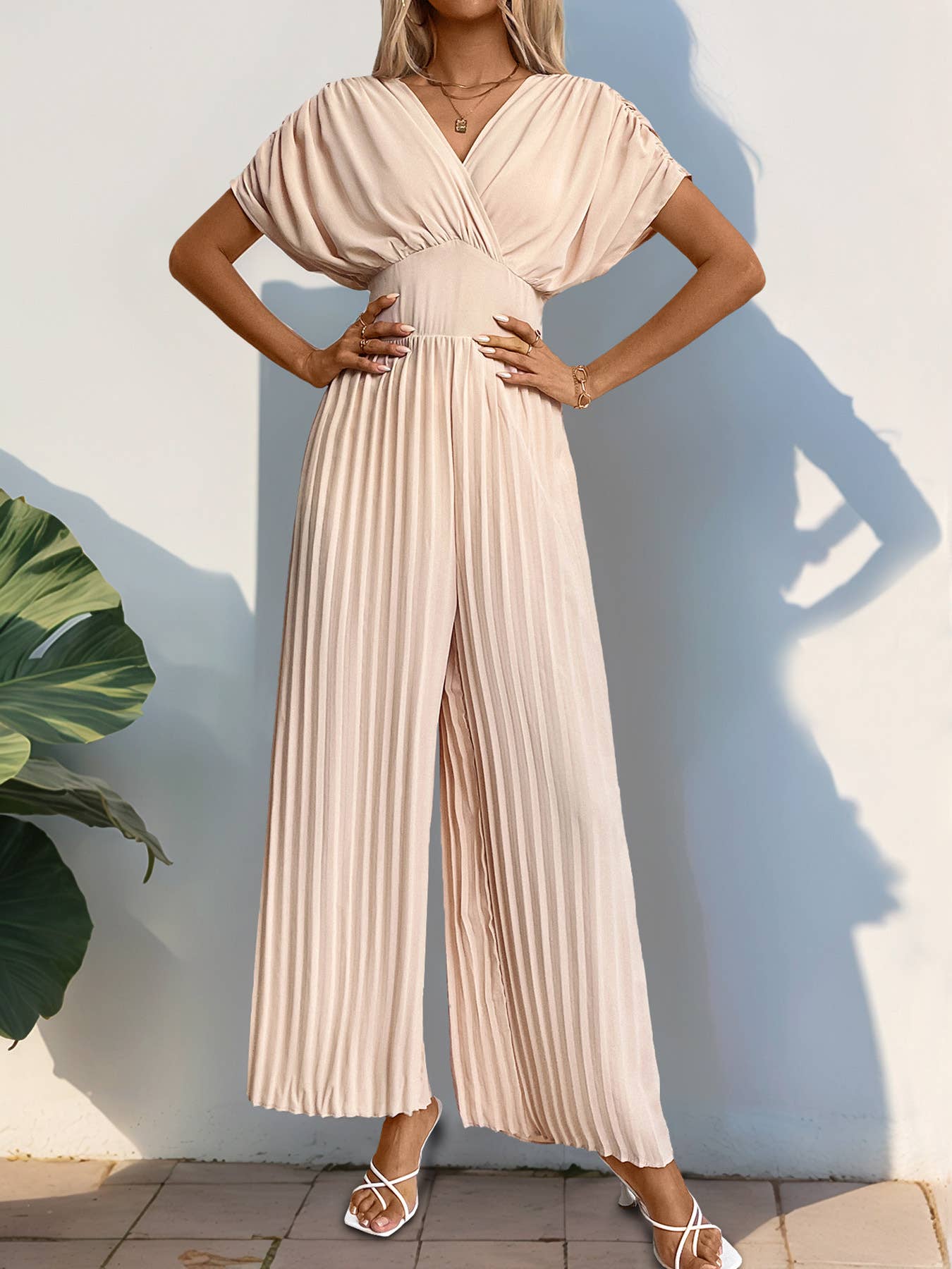 Apricot V-Neck Fitted waist Pleated Wide-Leg Jumpsuit for wholesale on Faire3