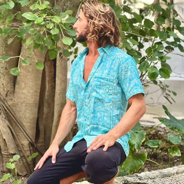 Chemise à manches courtes turquoise, Santi pour la vente par Arena Formentera