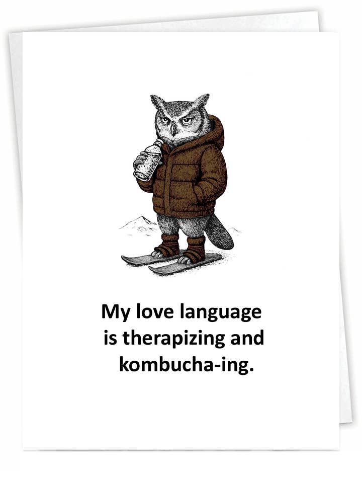 Funny Outdoor Card - Kombucha Owl - Blank Inside for wholesale by Blue Spark Card Co