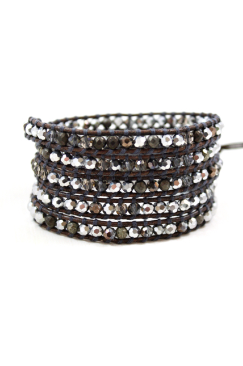 LIZOU - Wholesale Beaded Bracelet - Owl - Pyrite and Mirror Dipped Crystal Mix Leather Wrap1