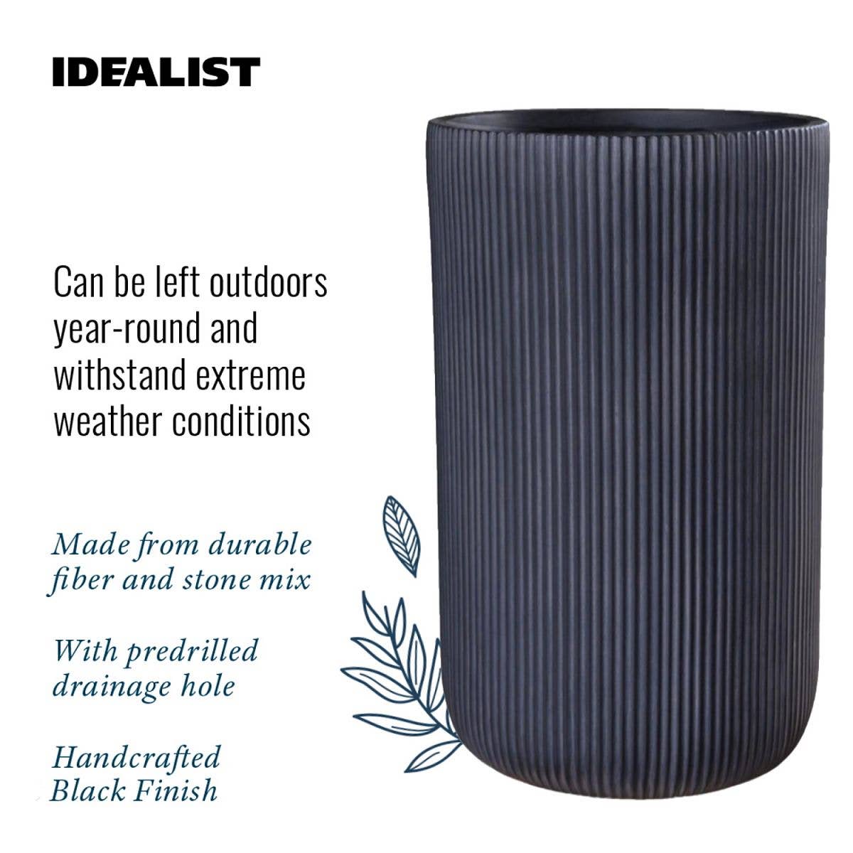 Black IDEALIST Ribbed Cilinder Outdoor Planter for wholesale on Faire5