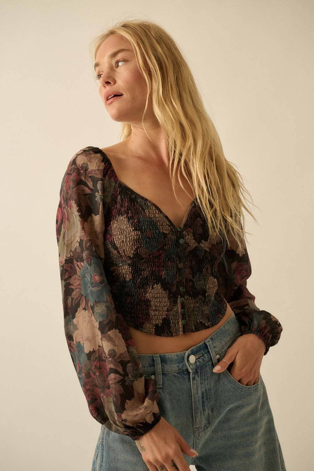 Promesa USA - Wholesale Blouse - Women's - Floral-Print Smocked Sweetheart Corset Peasant Top10