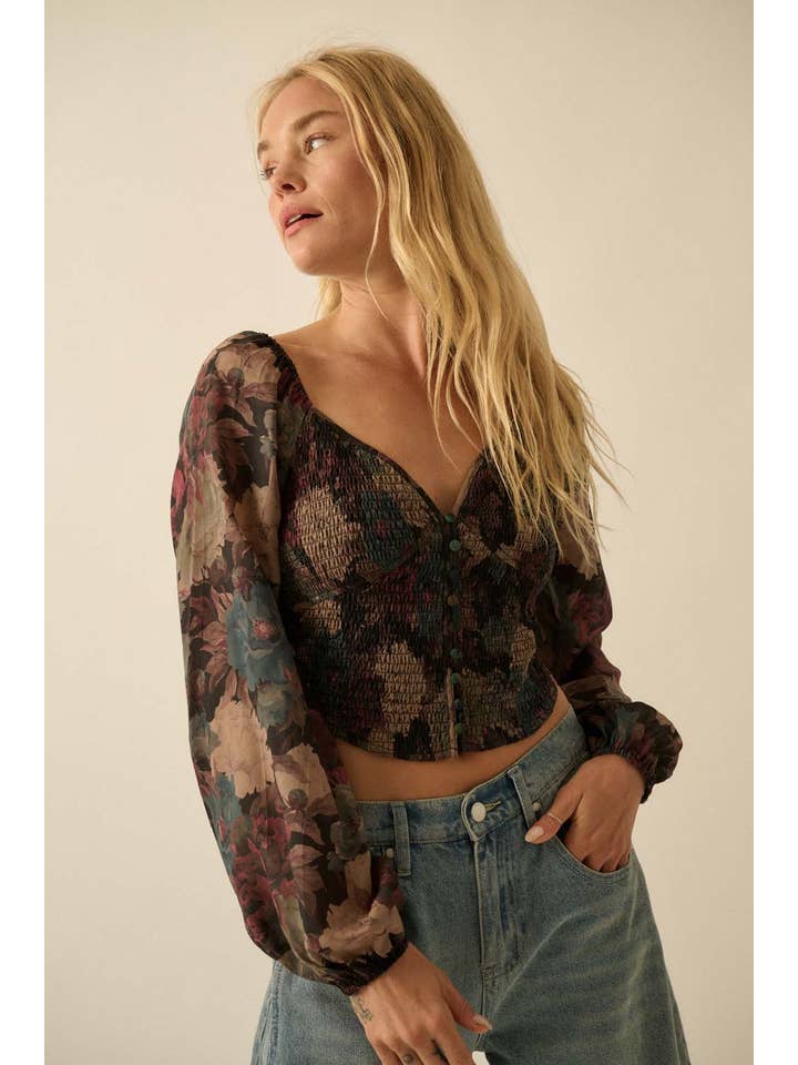 Promesa USA - Wholesale Blouse - Women's - Floral-Print Smocked Sweetheart Corset Peasant Top10