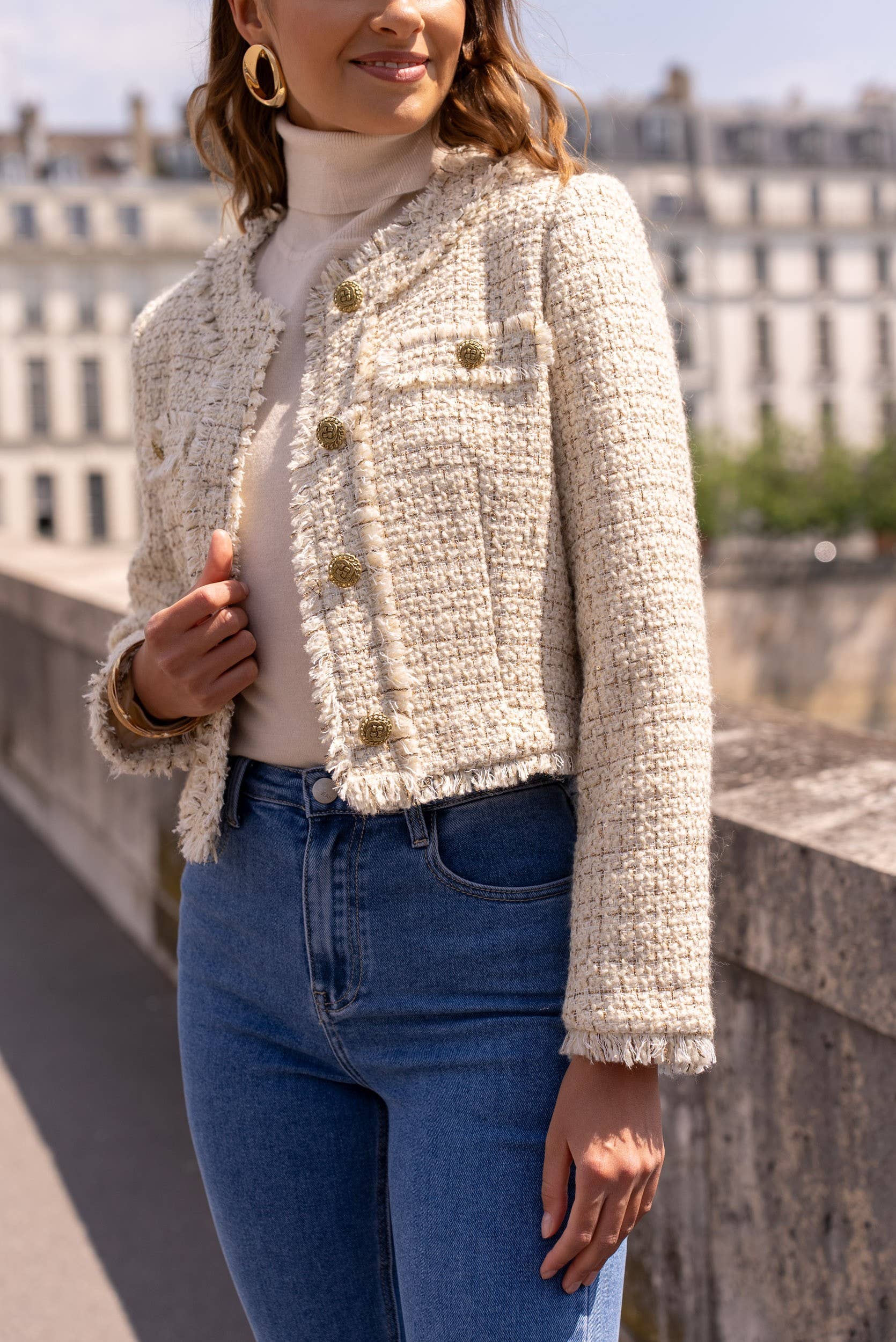 Attentif Paris – Blazer - Mulher por atacado – Blazer cropped justado em tweed com gola redonda13