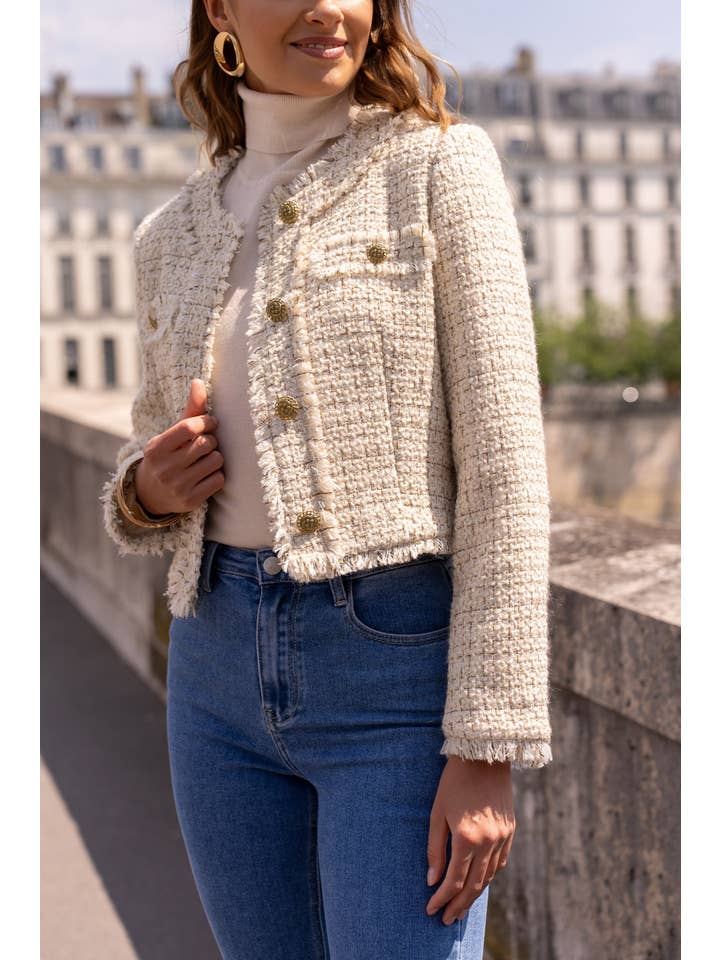 Attentif Paris - Wholesale Blazer – Women's - Cropped crew neck fitted tweed blazer jacket13